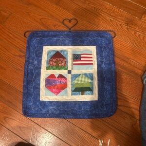 Cottagecore Quilted Square Wall Hanging Blue with Heart and Flag Design